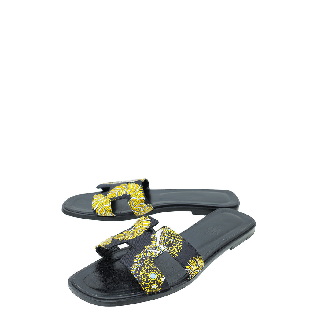 Hermes Noir Multicolor Sous L'egide De Mars Silk Oran Sandals 38