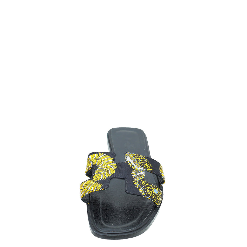 Hermes Noir Multicolor Sous L'egide De Mars Silk Oran Sandals 38