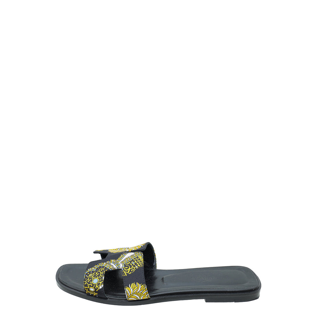 Hermes Noir Multicolor Sous L'egide De Mars Silk Oran Sandals 38