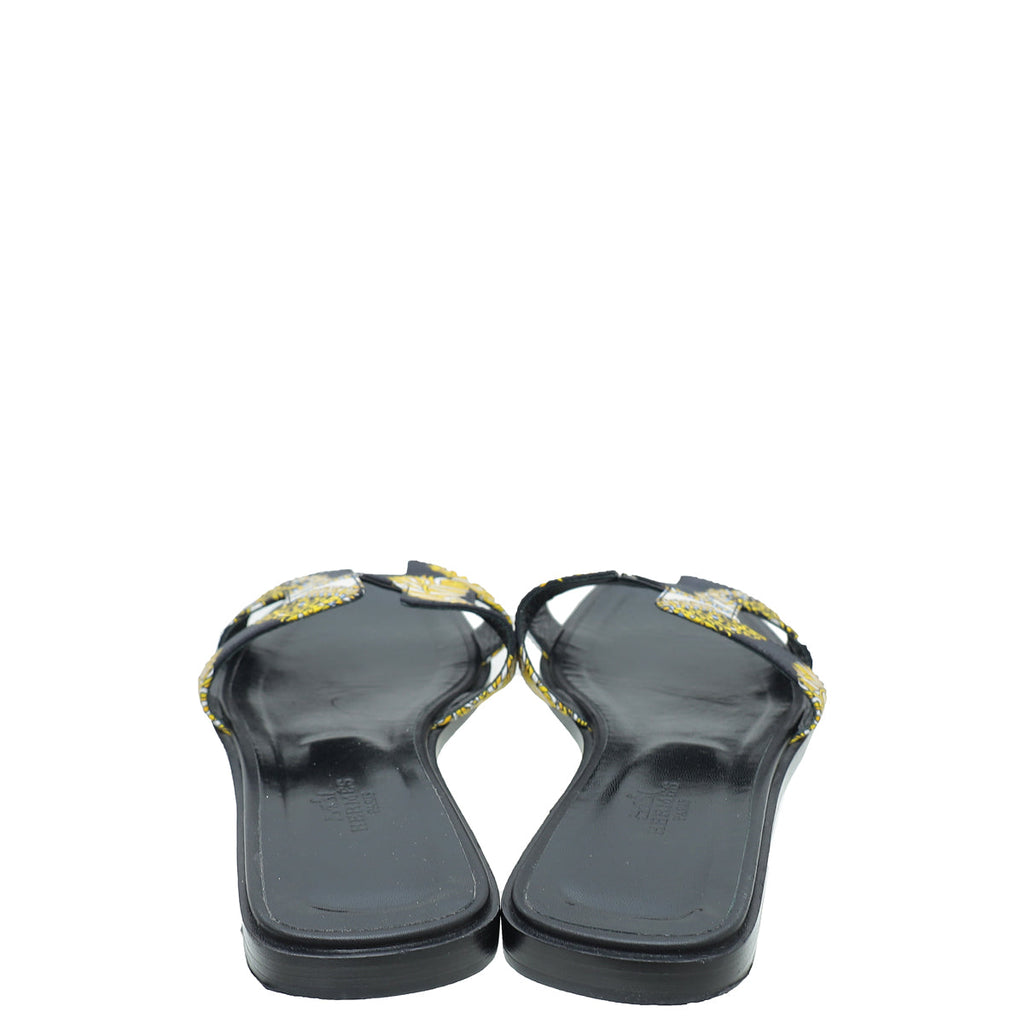 Hermes Noir Multicolor Sous L'egide De Mars Silk Oran Sandals 38