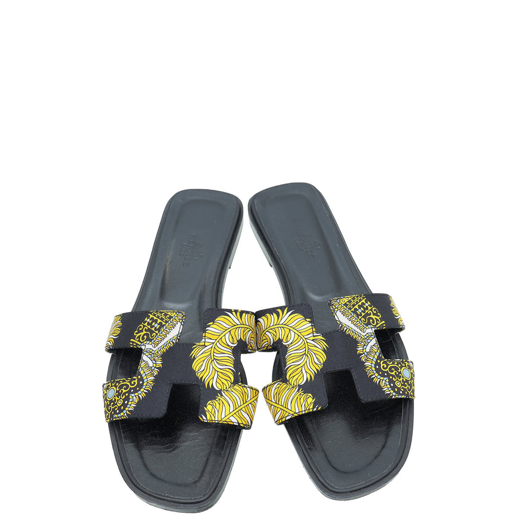 Hermes Noir Multicolor Sous L'egide De Mars Silk Oran Sandals 38