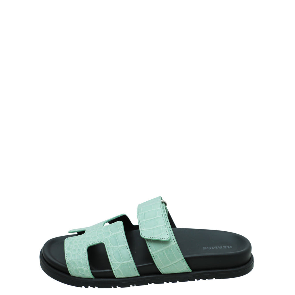 Hermes Vert D'Eau Matte Alligator Chypre Sandals 38
