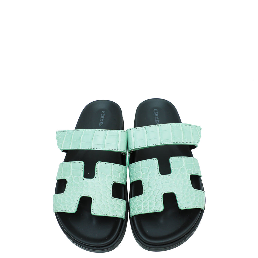 Hermes Vert D'Eau Matte Alligator Chypre Sandals 38