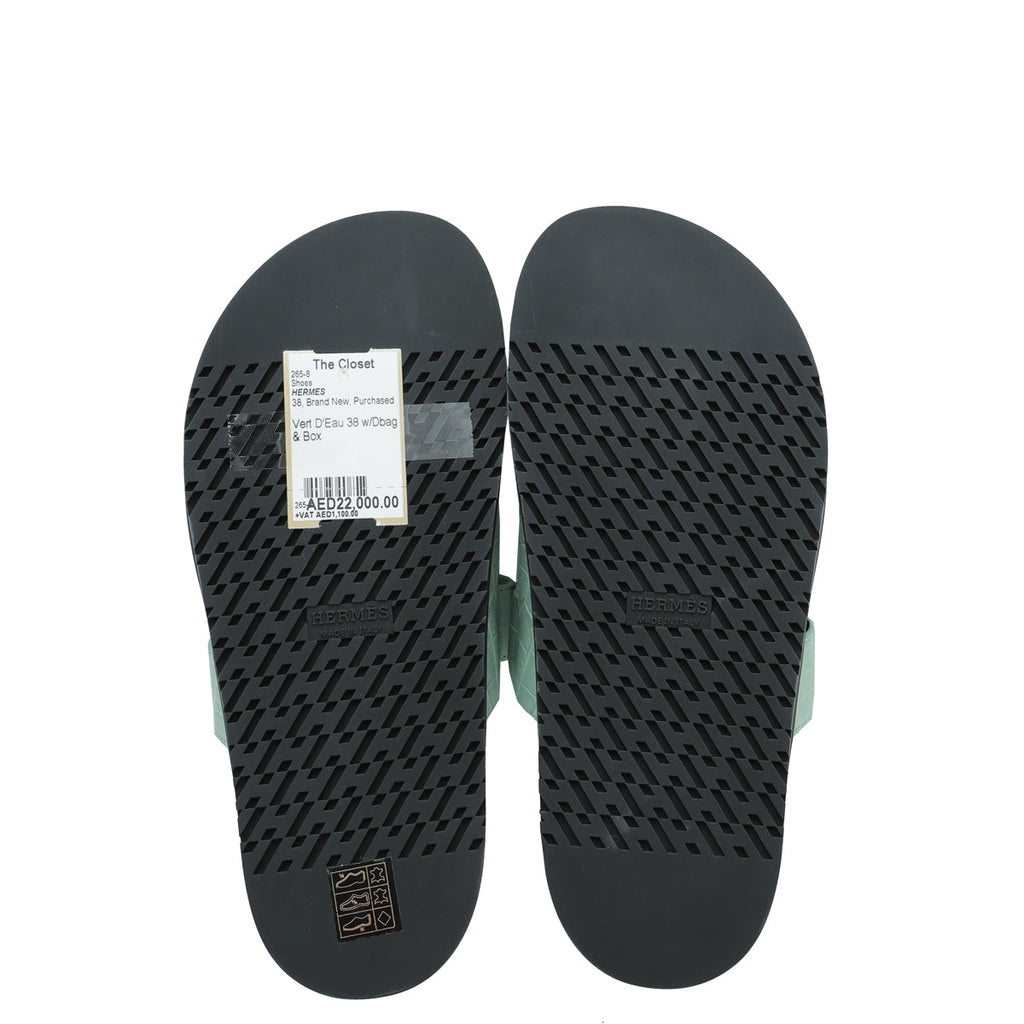 Hermes Vert D'Eau Matte Alligator Chypre Sandals 38