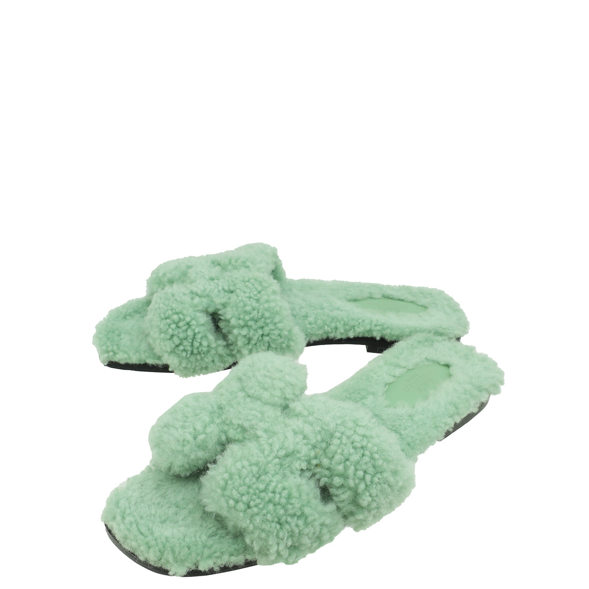 Hermes Vert D'Eau Shearling Oran Sandals 39
