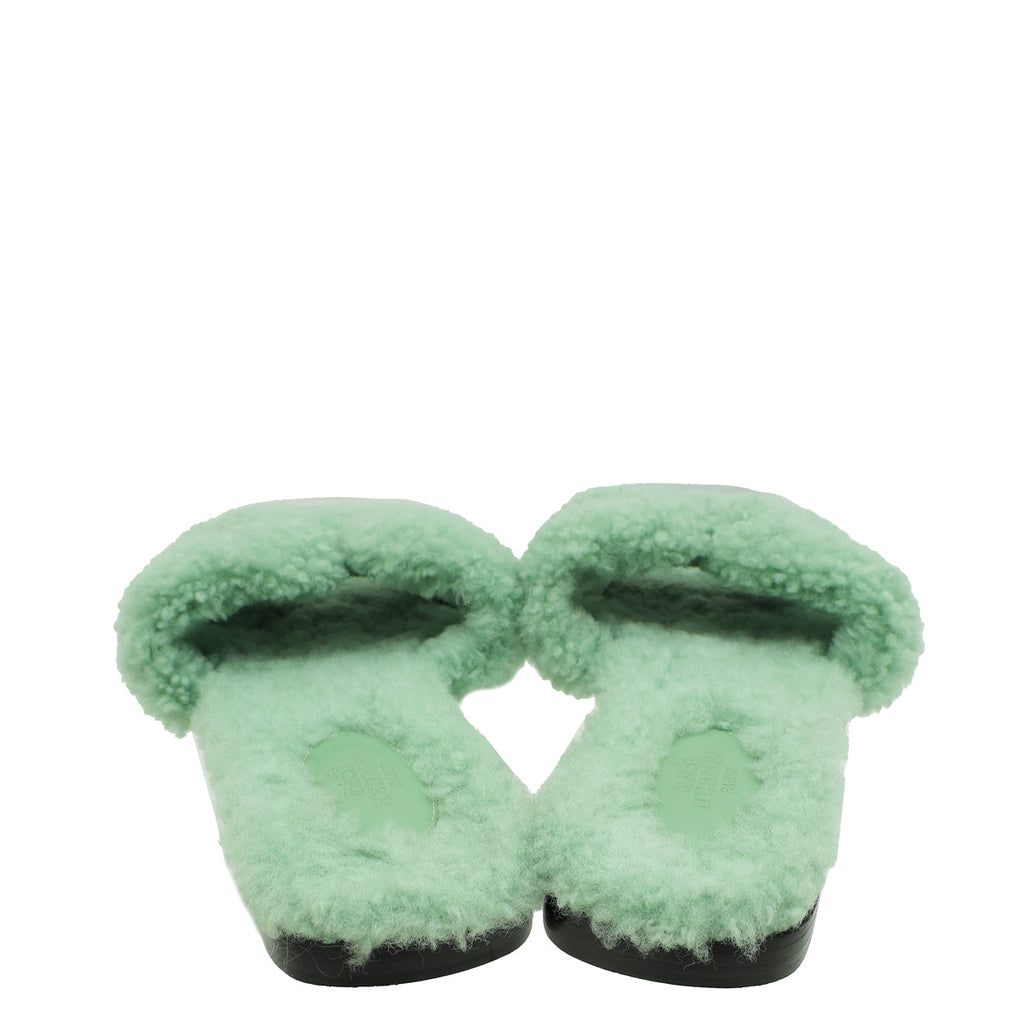 Hermes Vert D'Eau Shearling Oran Sandals 39