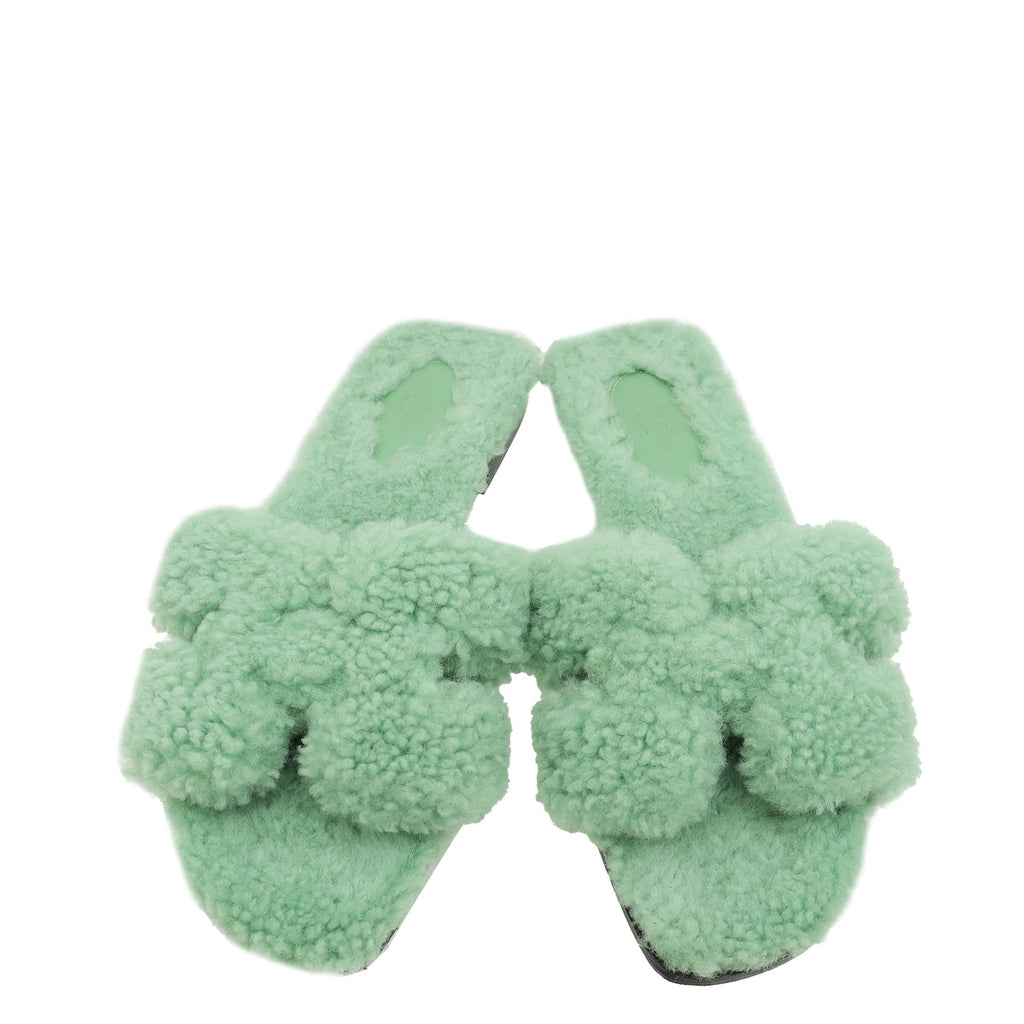 Hermes Vert D'Eau Shearling Oran Sandals 39
