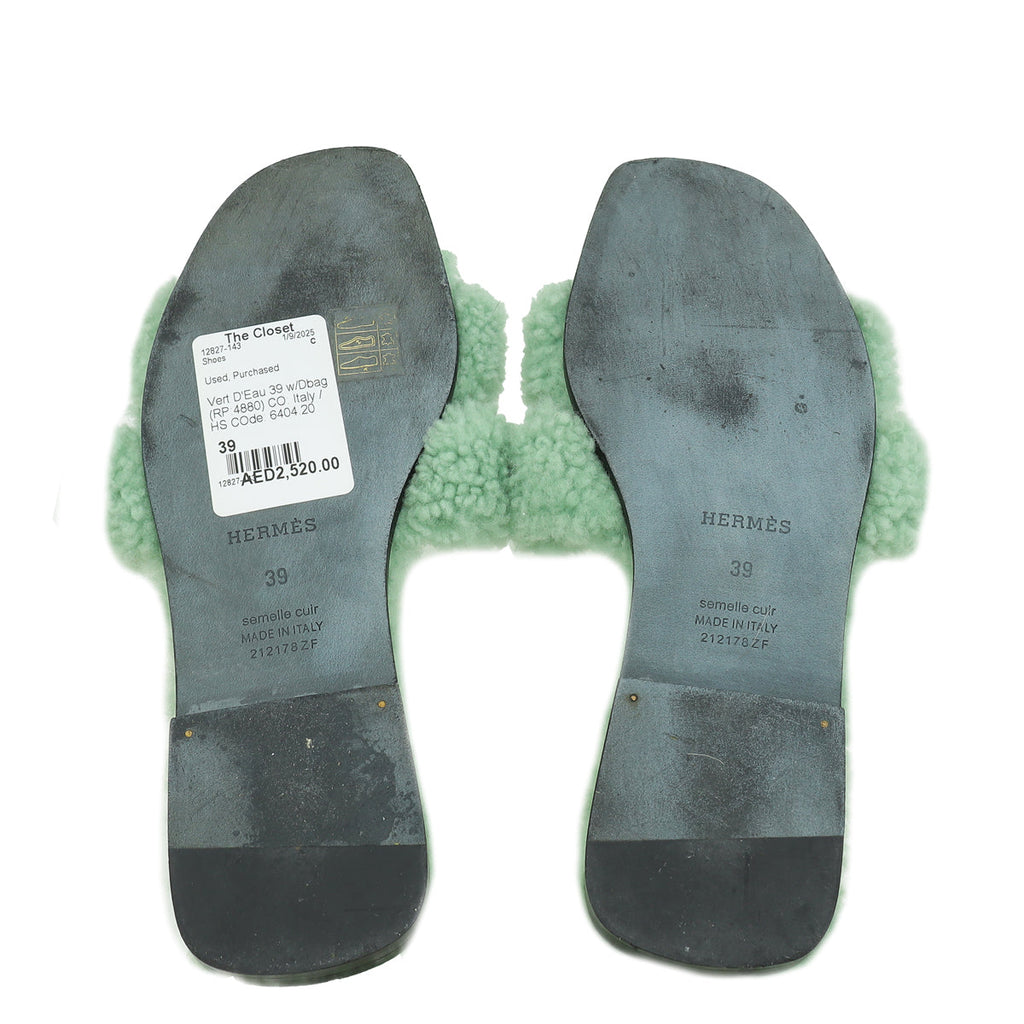 Hermes Vert D'Eau Shearling Oran Sandals 39