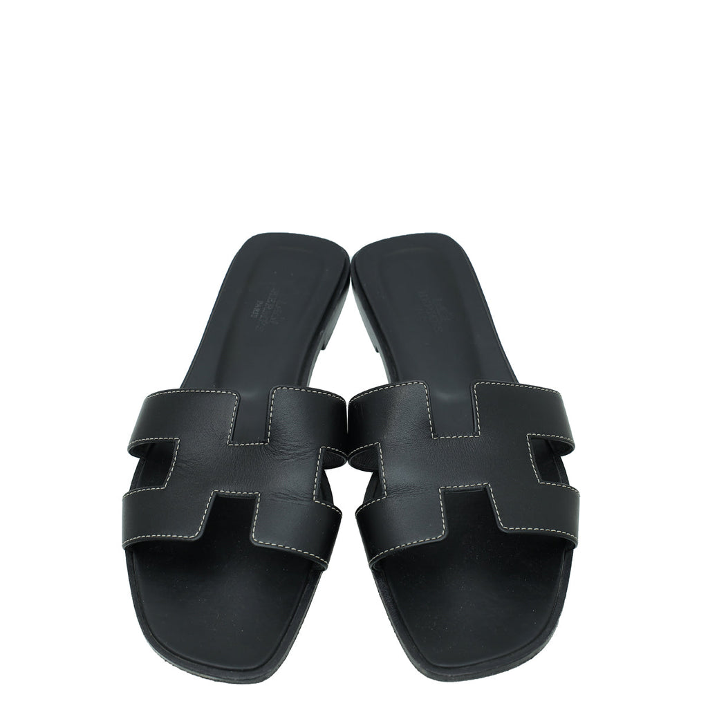 Hermes Noir Oran Calfskin Sandal 39