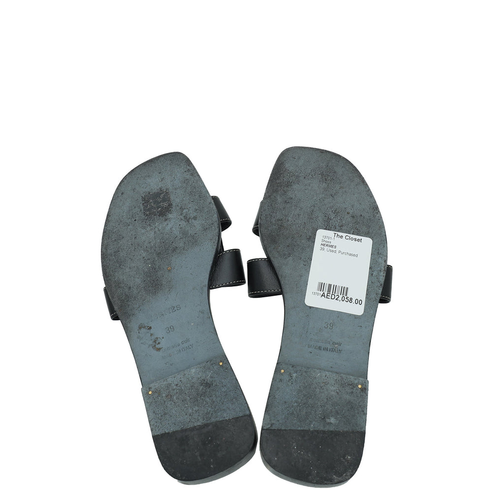 Hermes Noir Oran Calfskin Sandal 39
