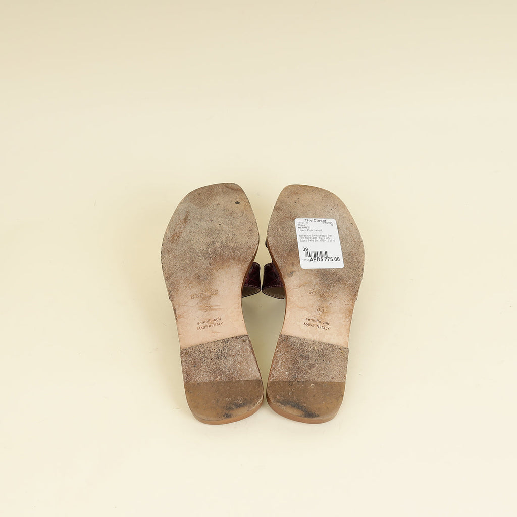 Hermes Bordeaux Shiny Alligator Oran Sandals 39