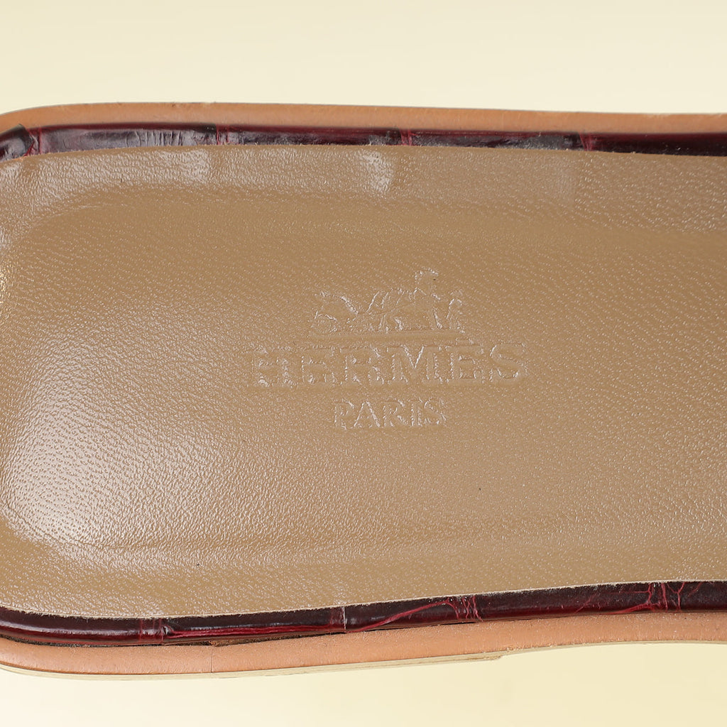 Hermes Bordeaux Shiny Alligator Oran Sandals 39
