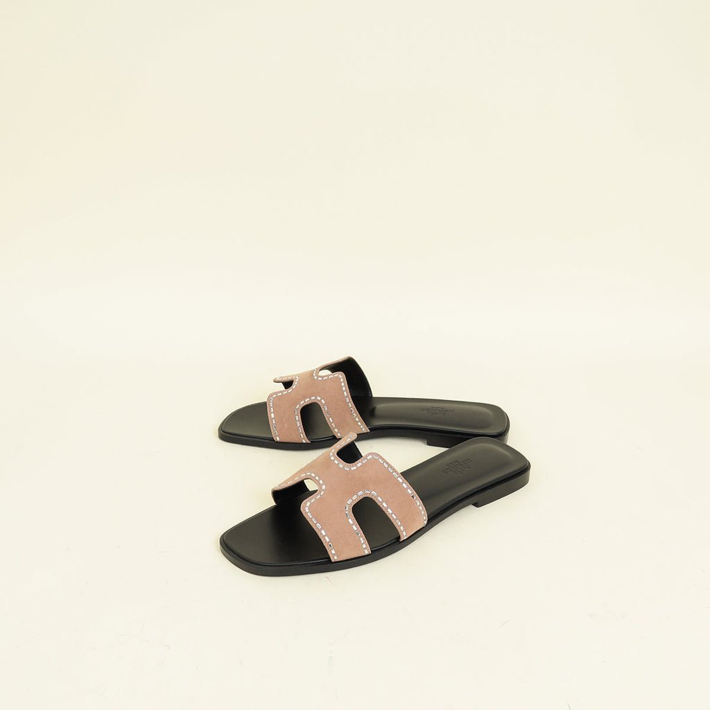 Hermes Rose Perle Oran Crystal Sandals 39