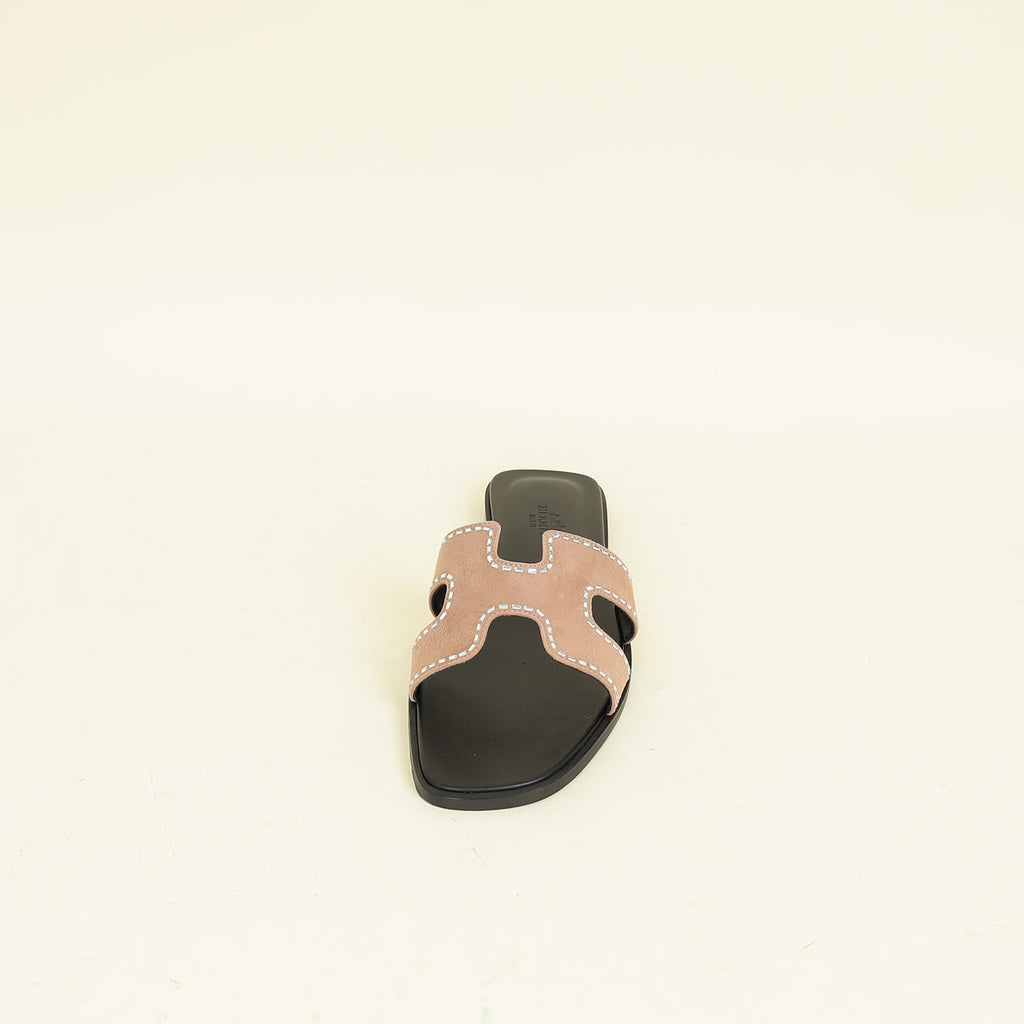 Hermes Rose Perle Oran Crystal Sandals 39