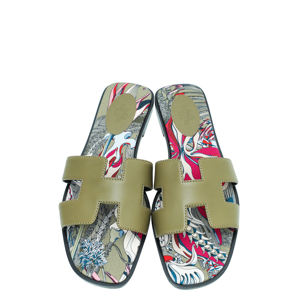Hermes Vert Veronese Oran "Fantaisie Botanique" Printed Sandal 39