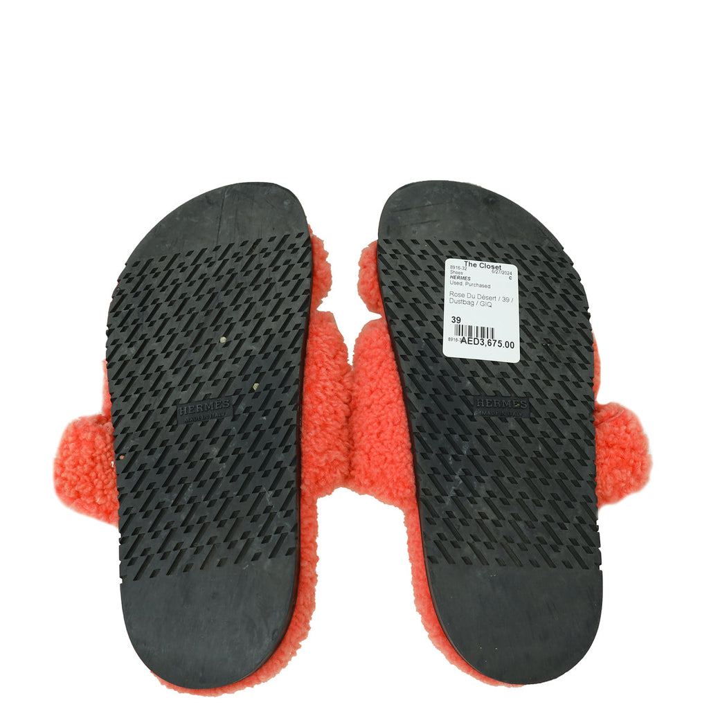 Hermes Rose Du Désert Woolskin Chypre Sandal 39