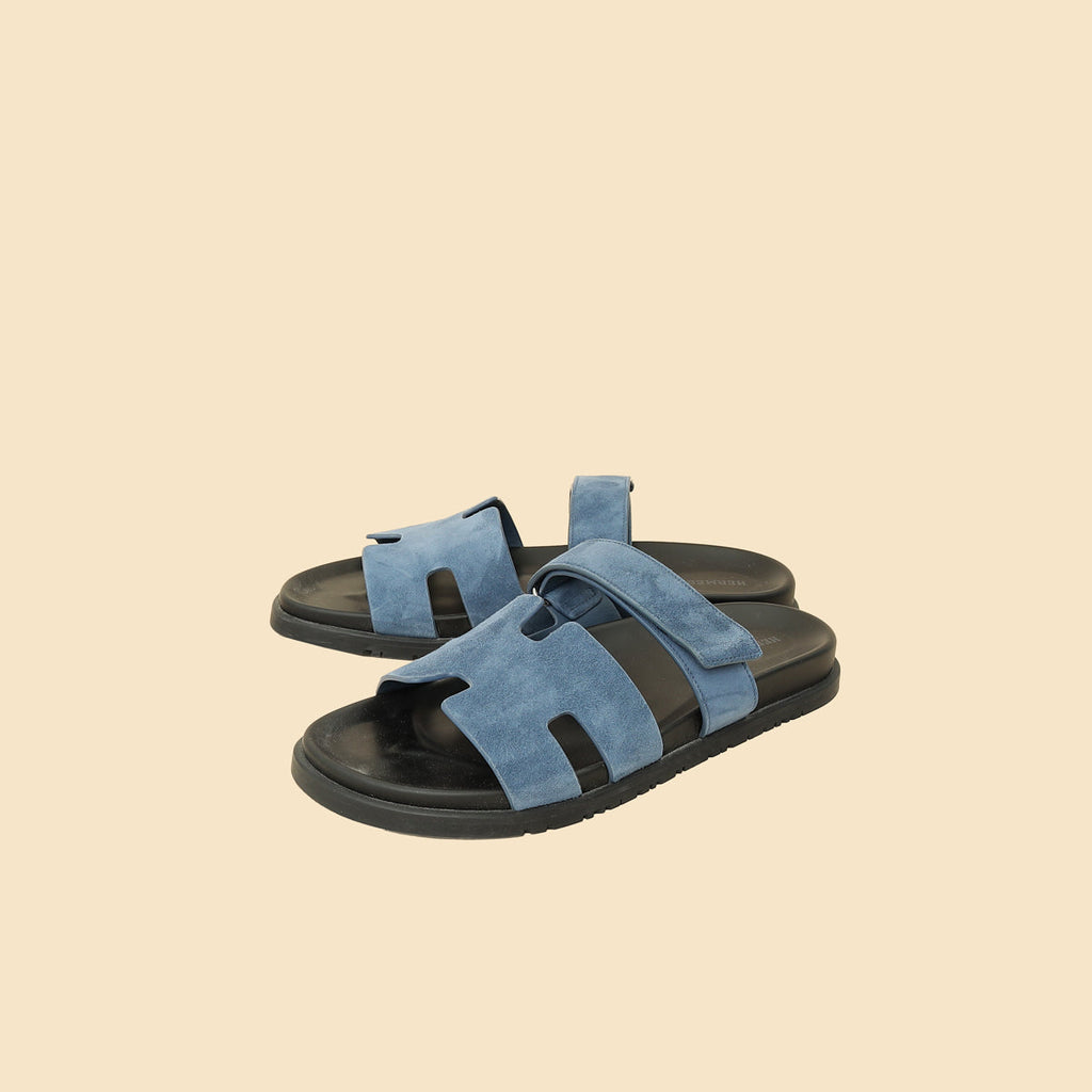 Hermes Blue Celeste Suede Chypre Sandals 45
