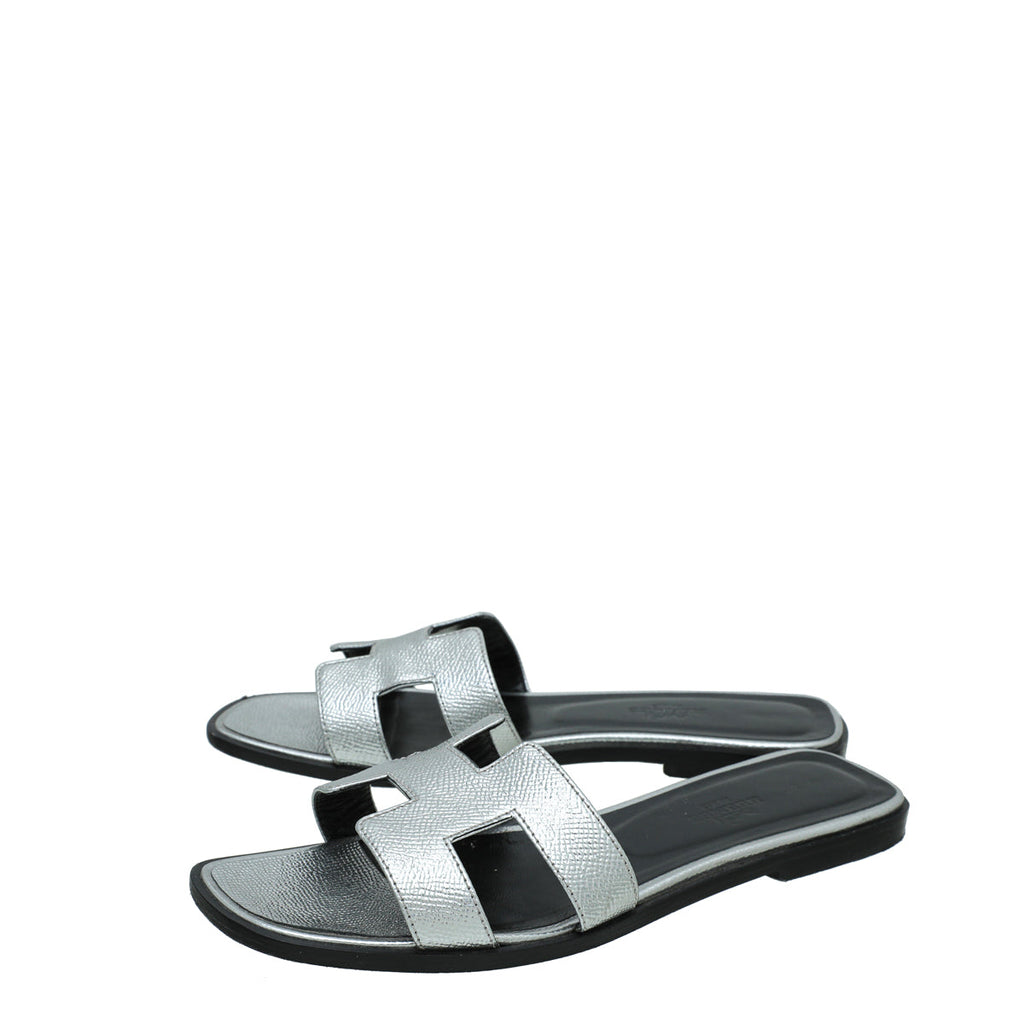 Hermes Gris Argente Oran Metallic Sandal 37.5