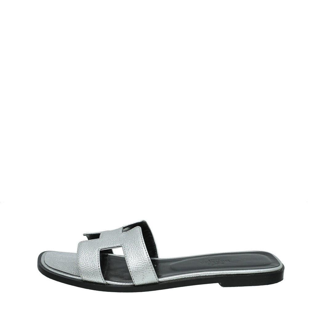 Hermes Gris Argente Oran Metallic Sandal 37.5