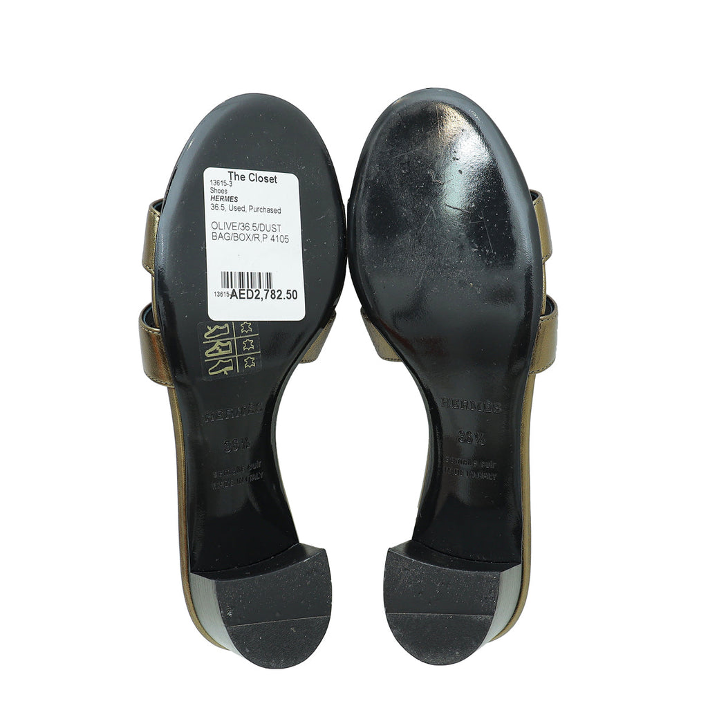 Hermes Olive Oasis Metallic Sandal 36.5