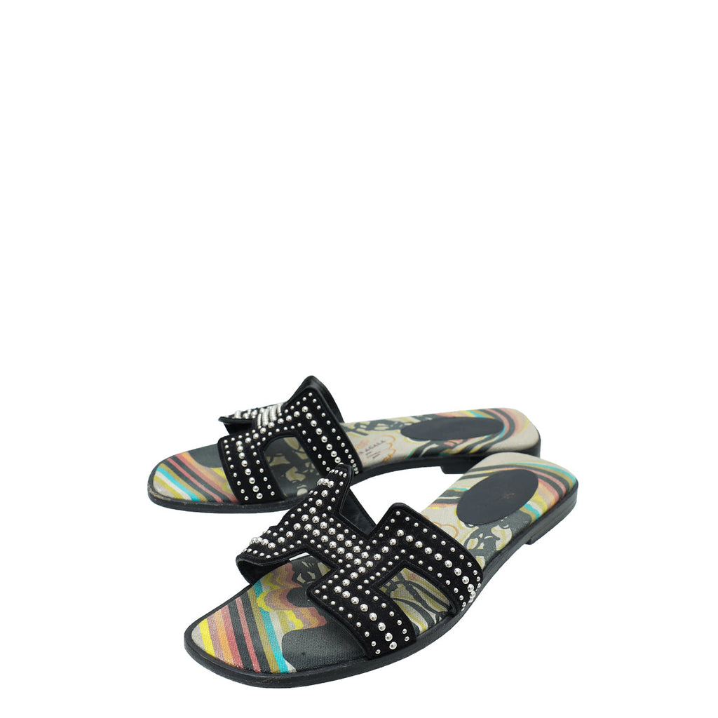 Hermes Noir Suede Goatskin Oran Studs Sandal 36.5