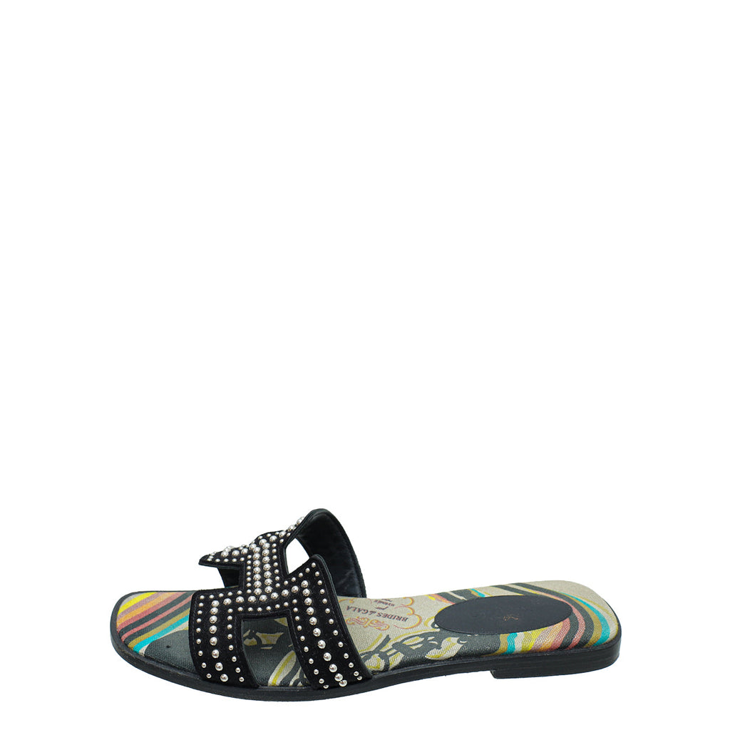 Hermes Noir Suede Goatskin Oran Studs Sandal 36.5