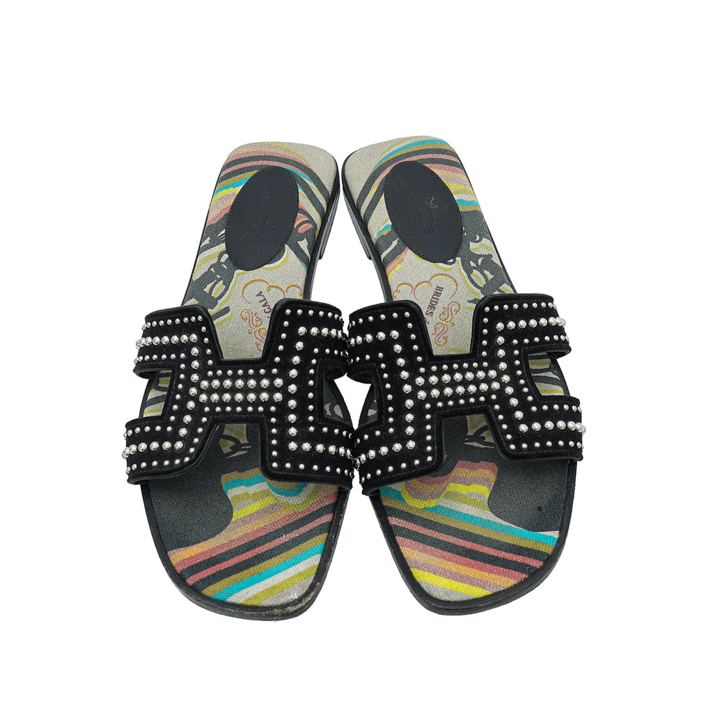 Hermes Noir Suede Goatskin Oran Studs Sandal 36.5