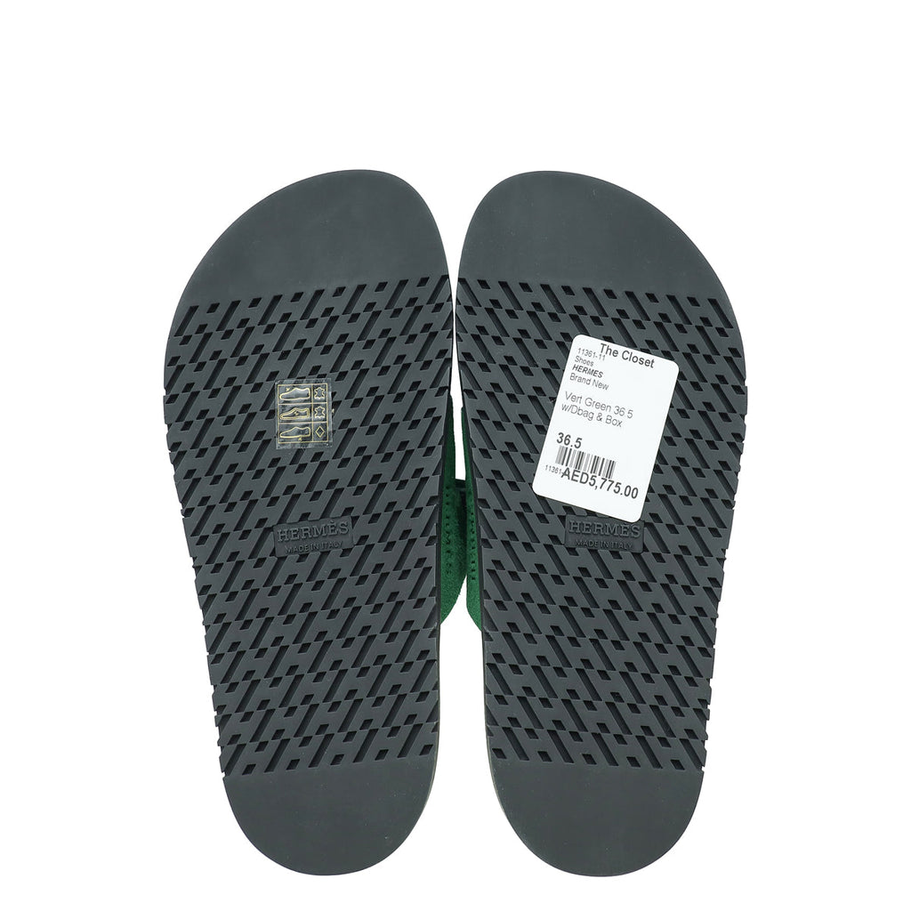Hermes Vert Green Suede Chypre Sandals 36.5