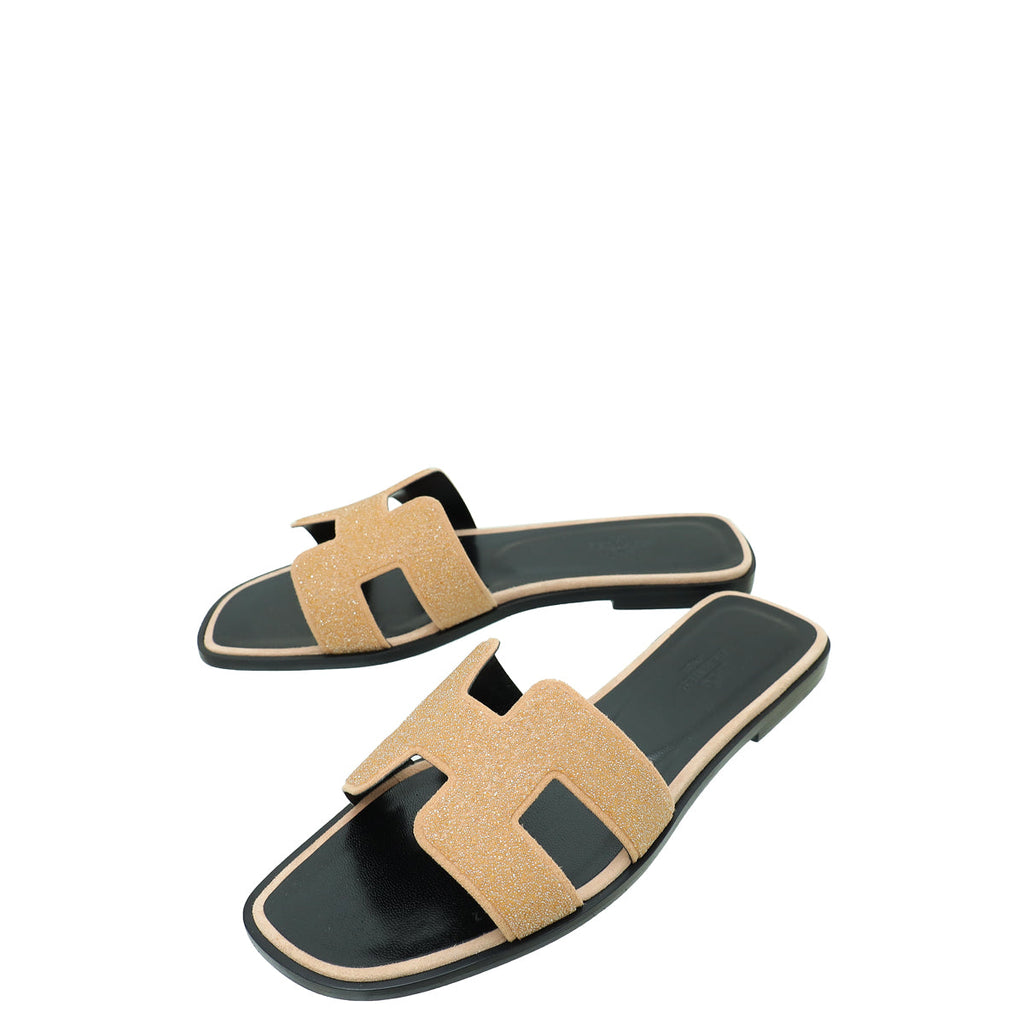 Hermes Beige Pink Oran Rhinestone Embellished Sandal 37.5