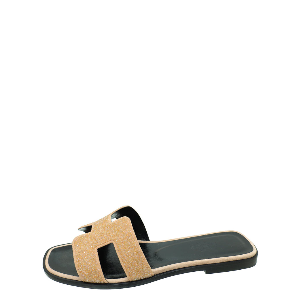 Hermes Beige Pink Oran Rhinestone Embellished Sandal 37.5
