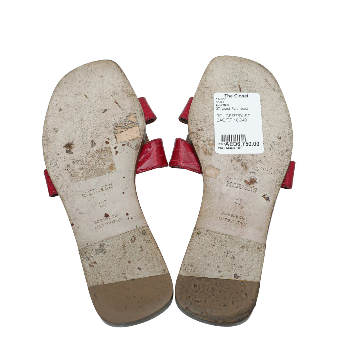 Hermes Rouge Crocodile Oran Patent Sandal 37
