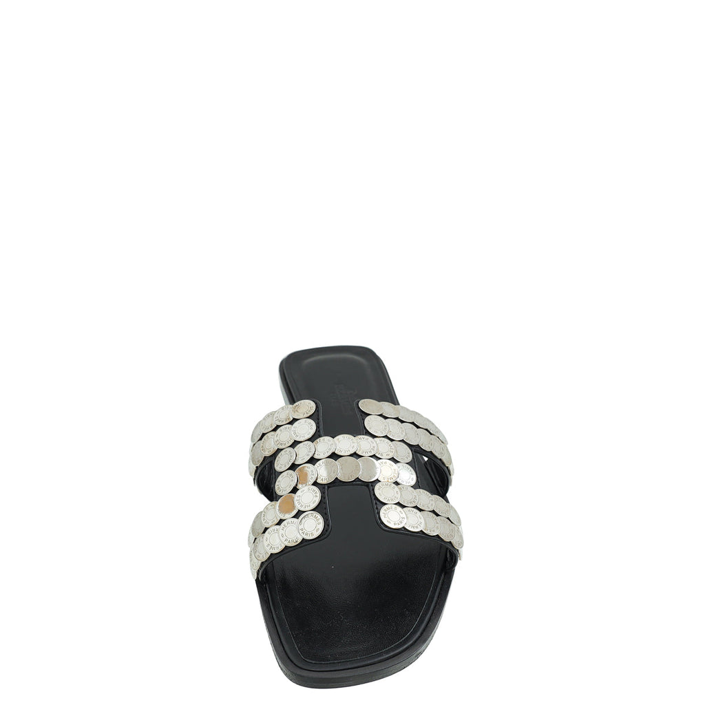 Hermes Noir Clou De Selle Oran Sandals 37