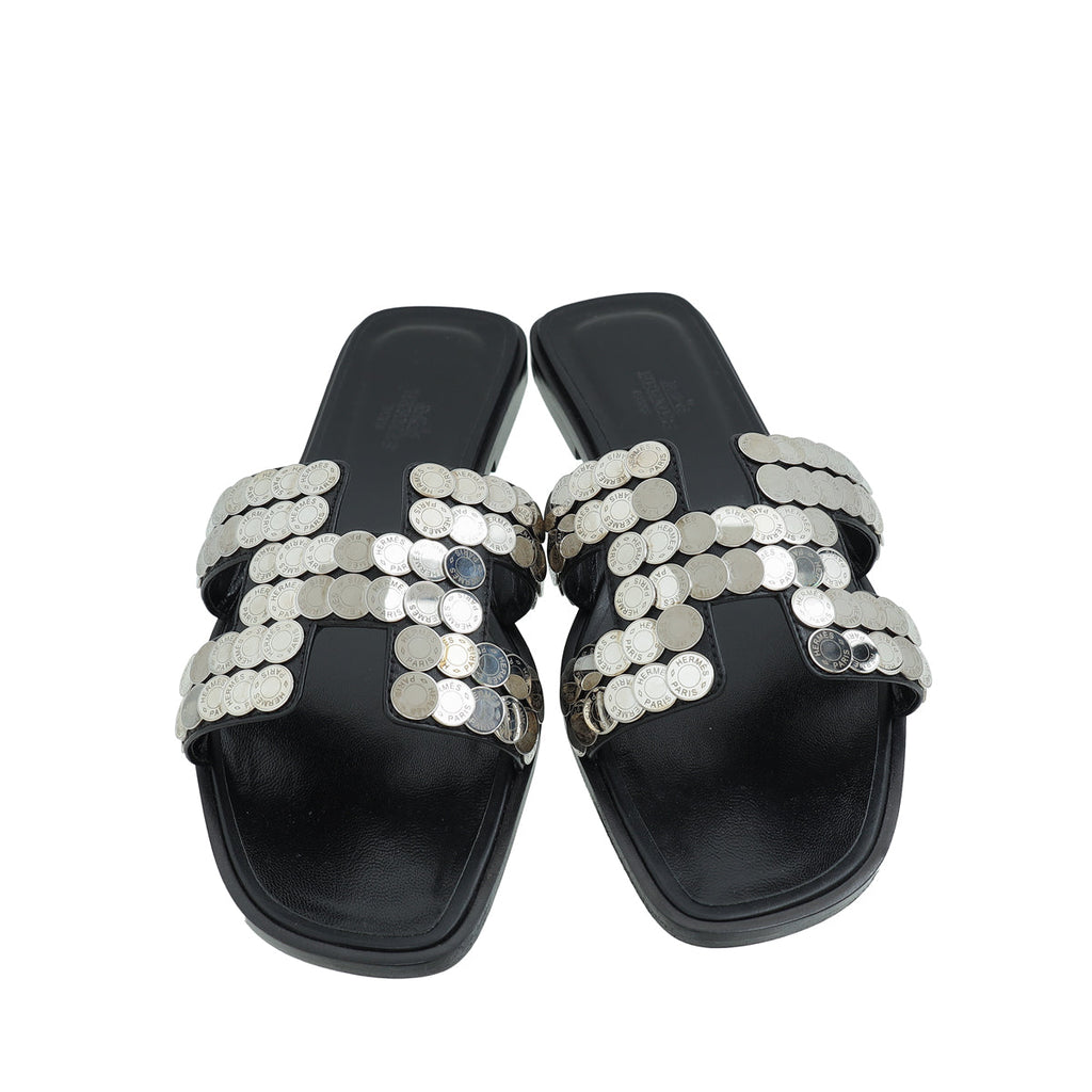 Hermes Noir Clou De Selle Oran Sandals 37