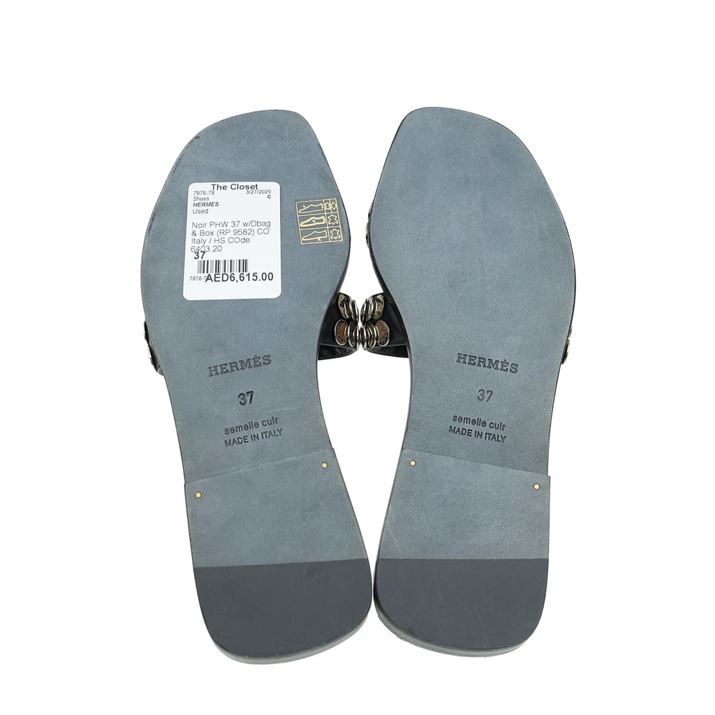 Hermes Noir Clou De Selle Oran Sandals 37