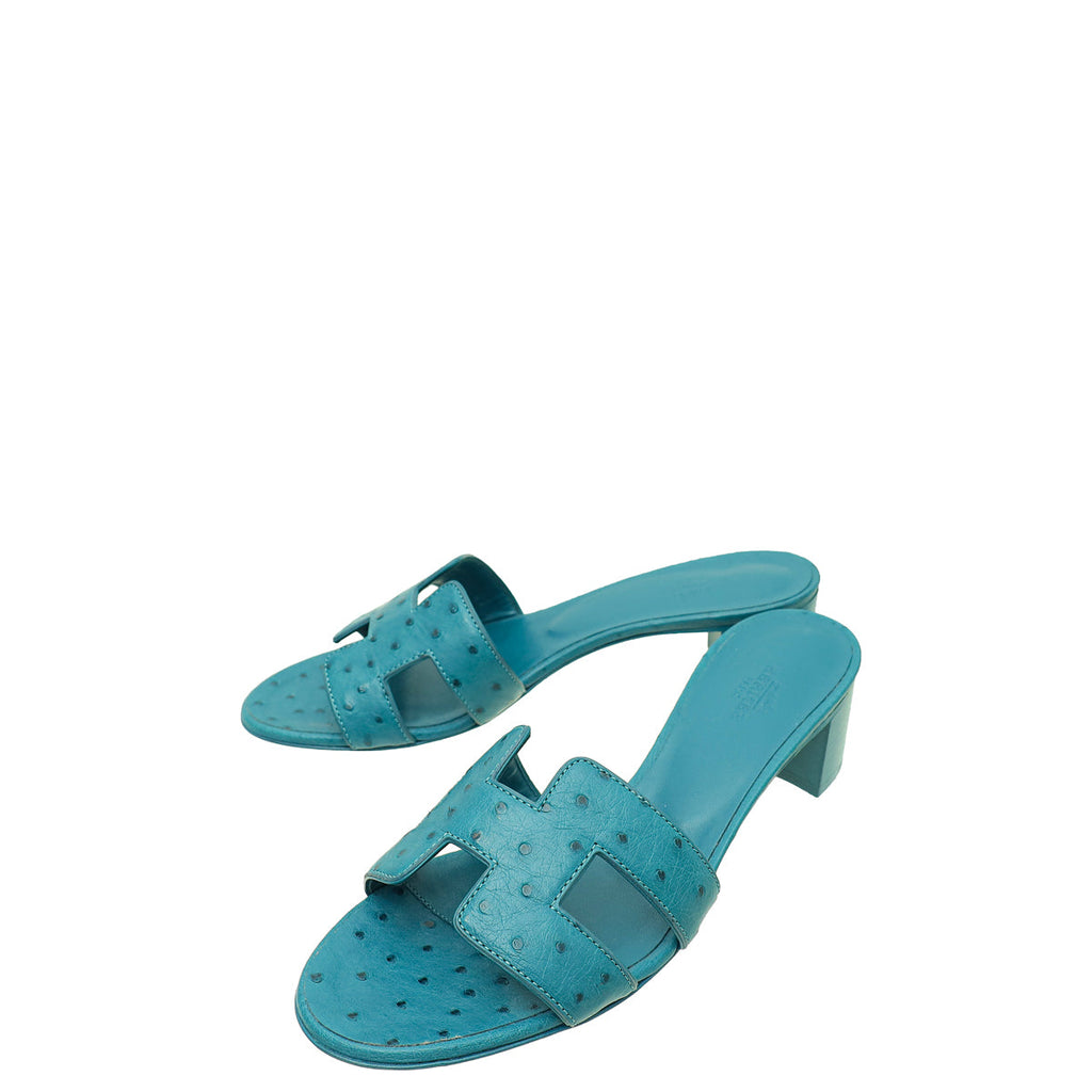 Hermes Bleu Vif Ostrich Oasis Sandal 37