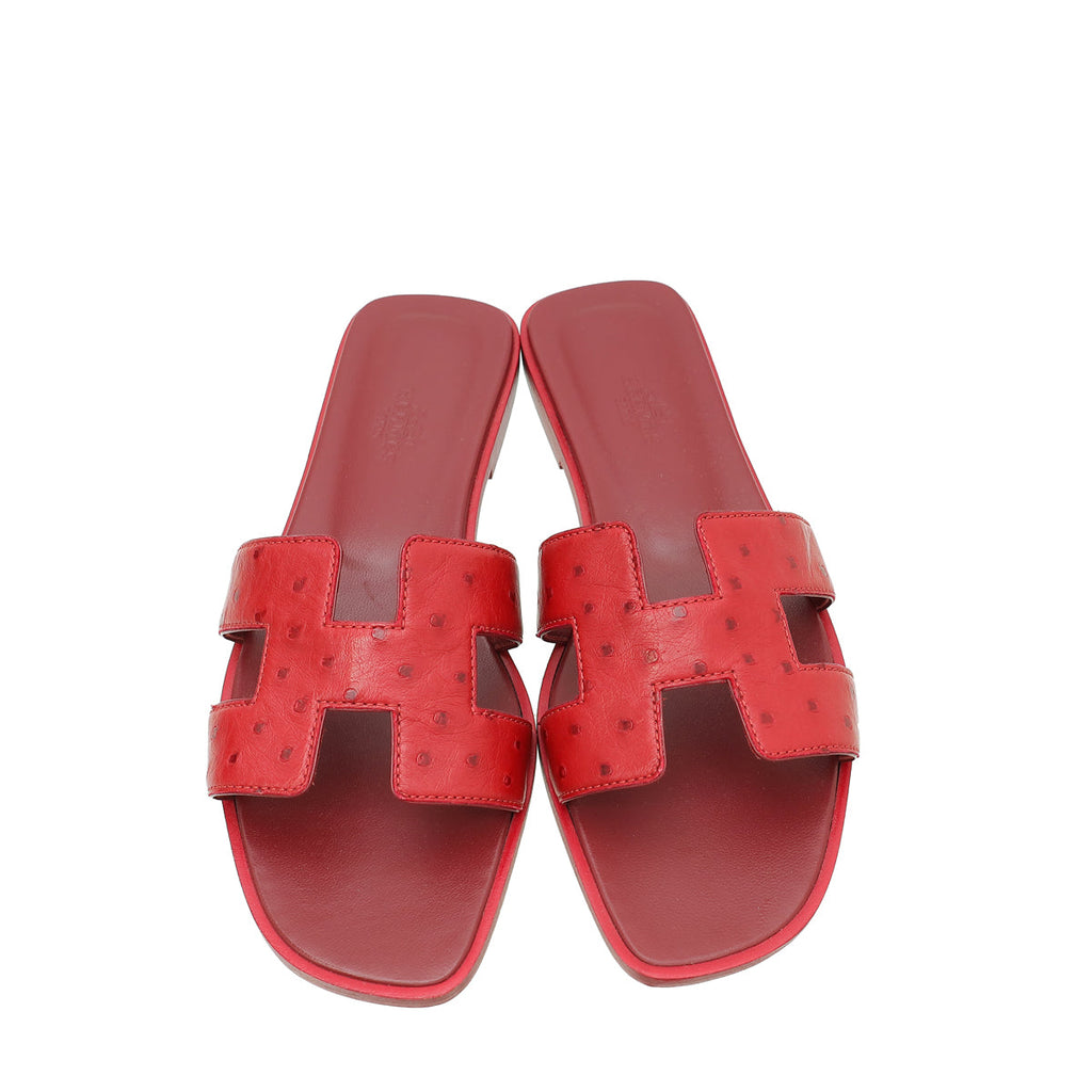 Hermes Rouge H Ostrich Oran Sandal 37