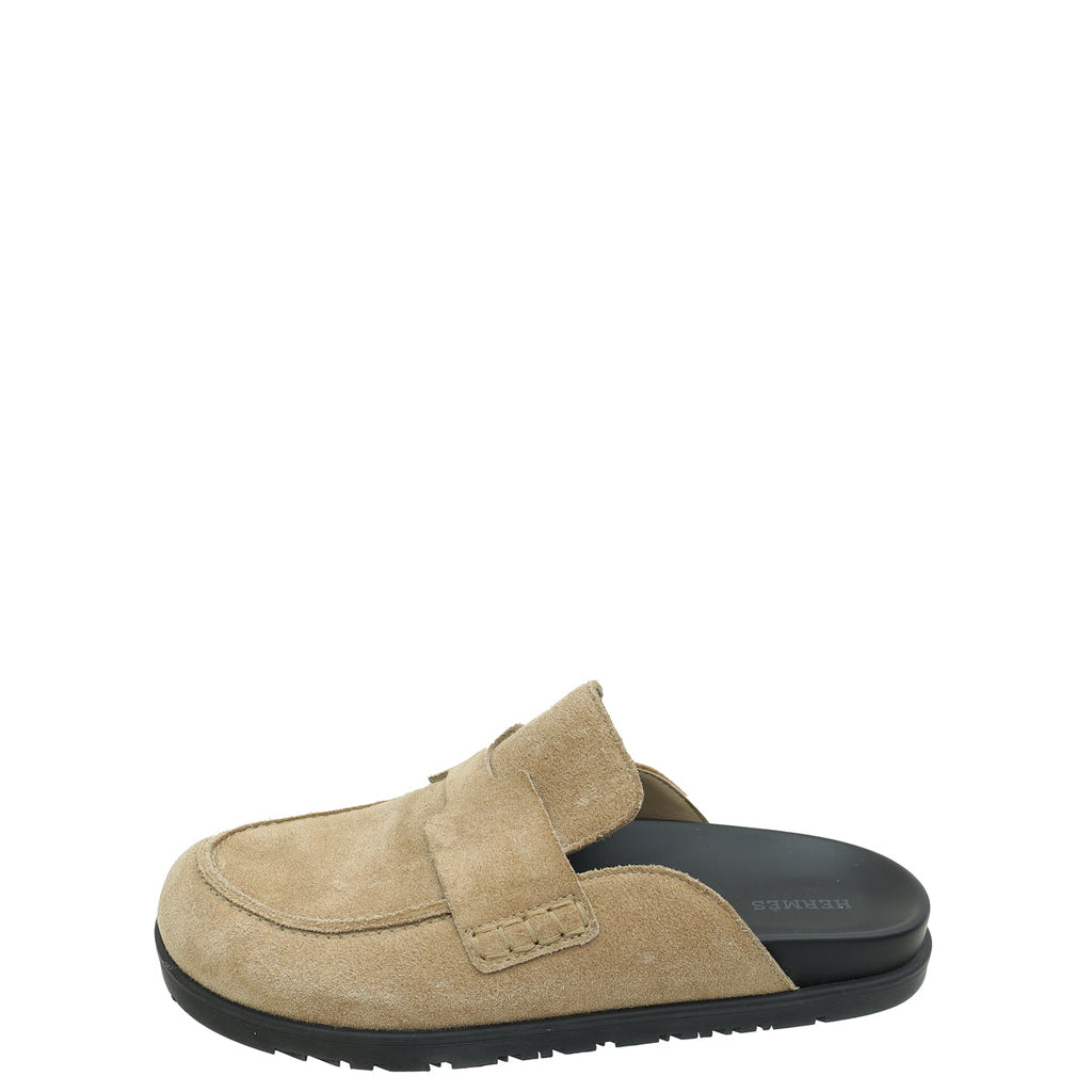 Hermes Camel Beige Go Mules Suede Goatskin 38.5