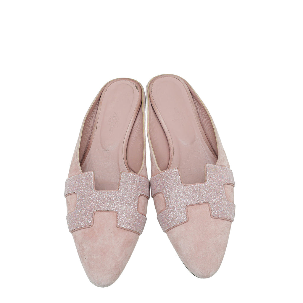 Hermes Pink Suede Roxane Mules w/Crystal Details 38.5