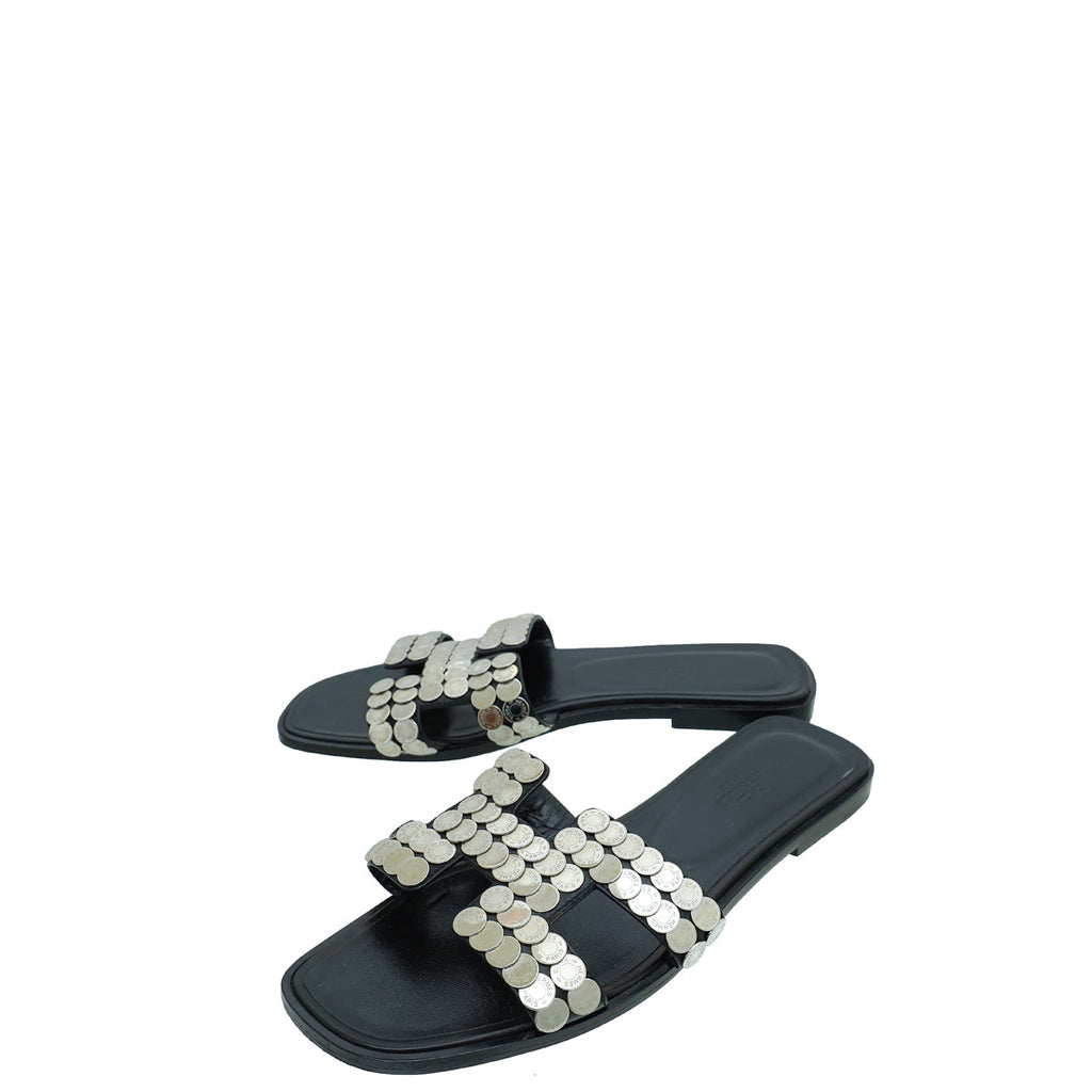 Hermes Noir Clou De Selle Oran Sandals 38
