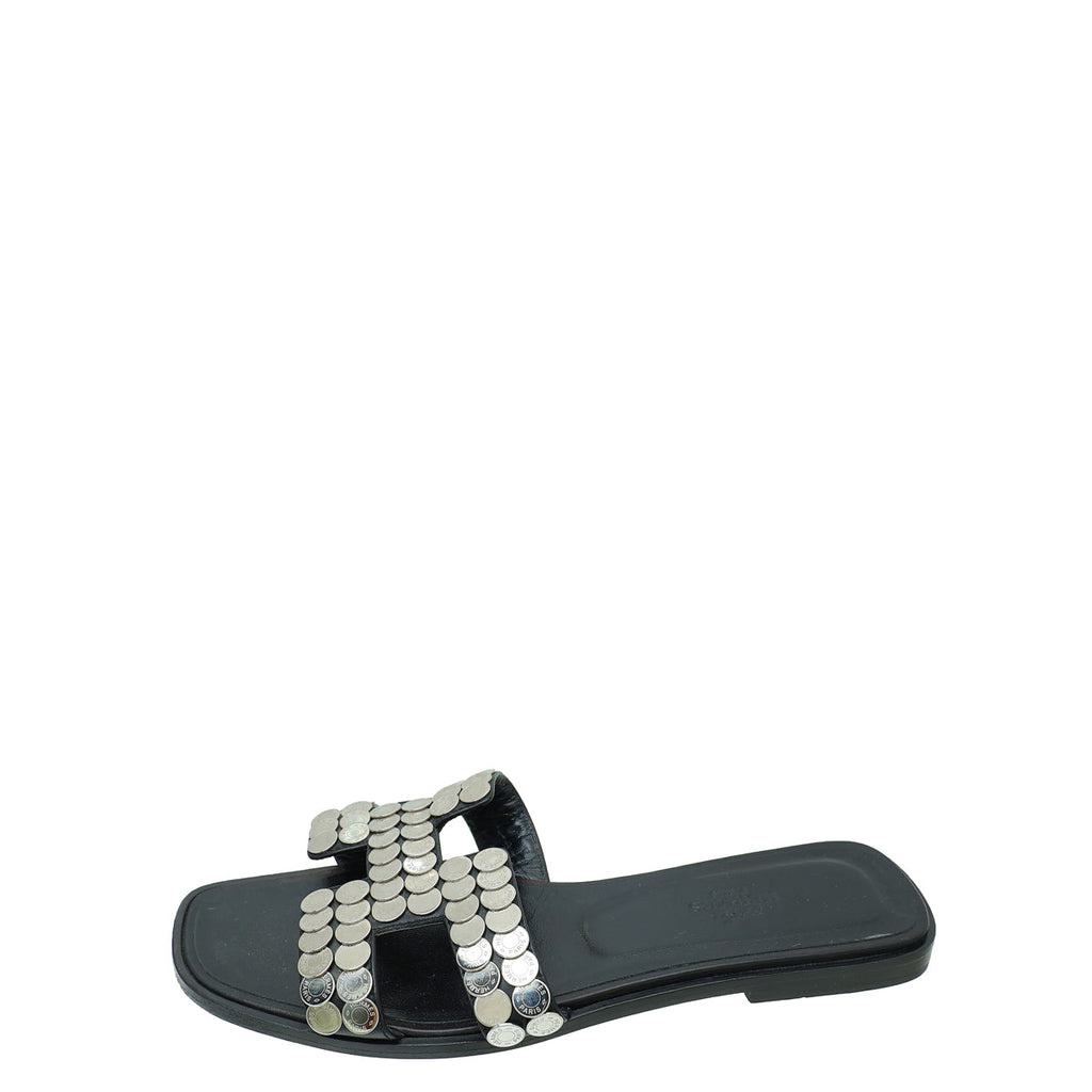 Hermes Noir Clou De Selle Oran Sandals 38