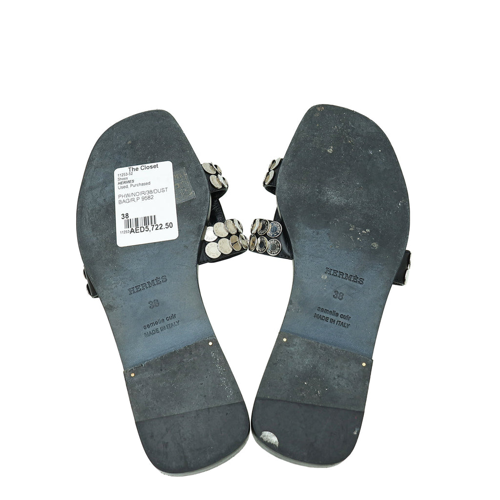 Hermes Noir Clou De Selle Oran Sandals 38