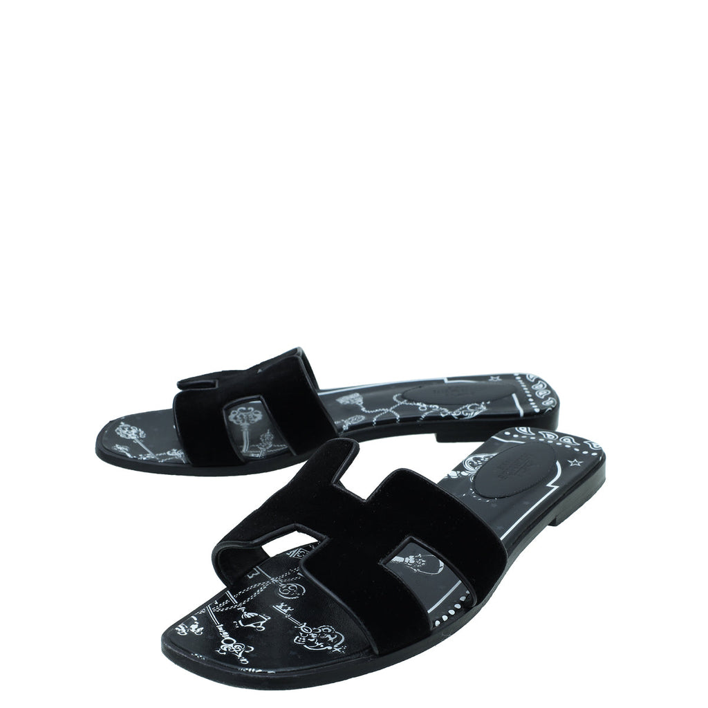 Hermes Black Velvet Printed Oran Sandal 38