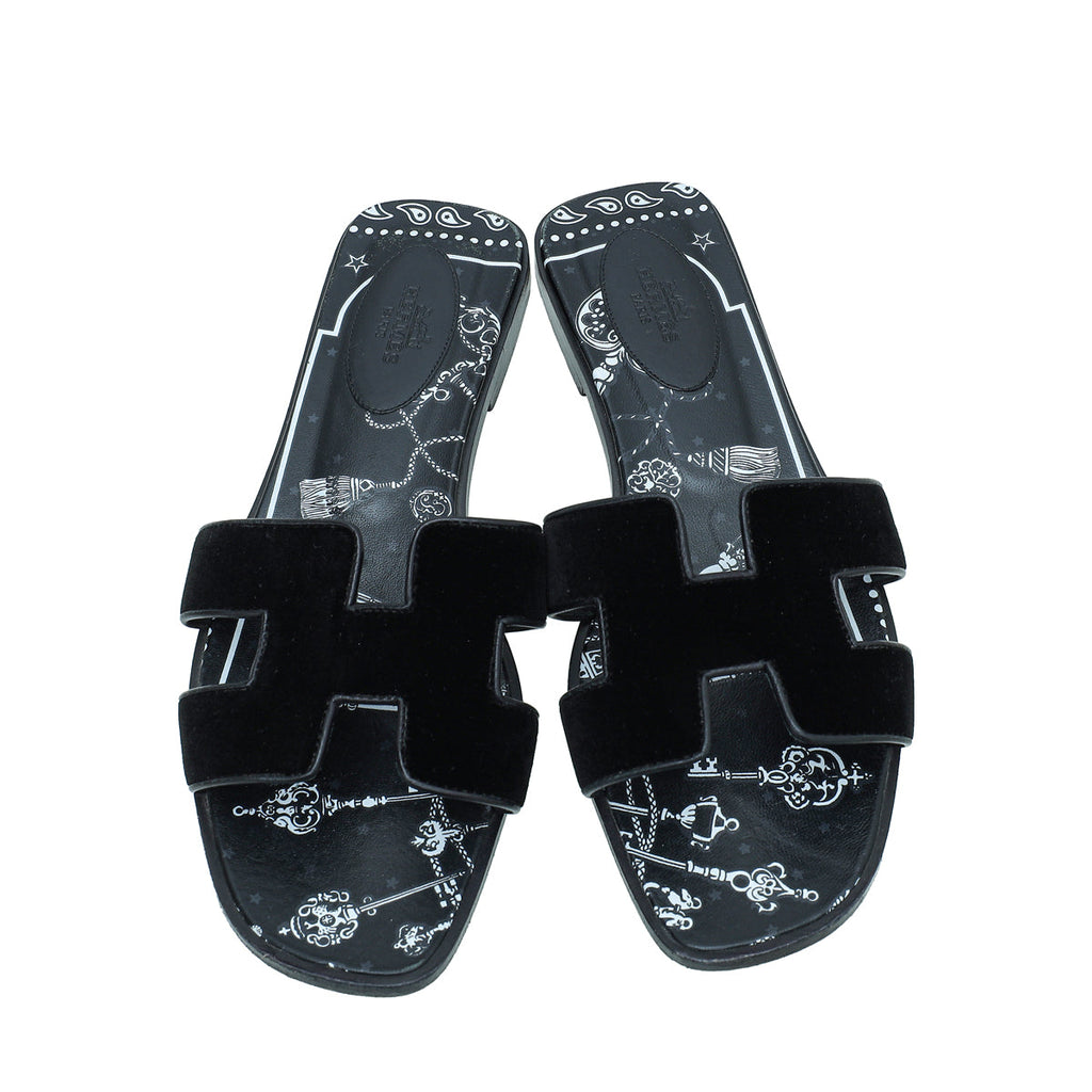 Hermes Black Velvet Printed Oran Sandal 38
