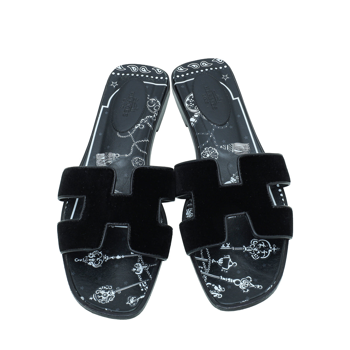 Hermes Black Velvet Printed Oran Sandal 38