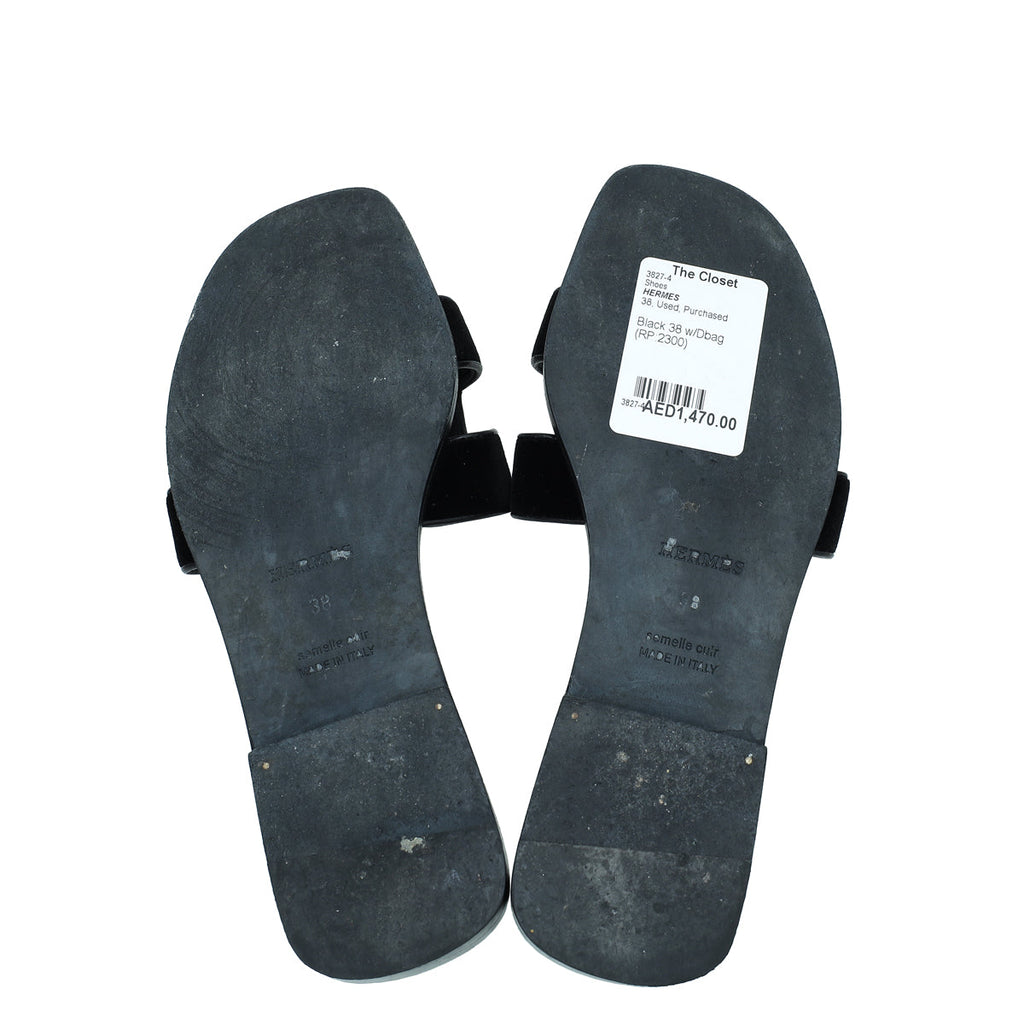 Hermes Black Velvet Printed Oran Sandal 38