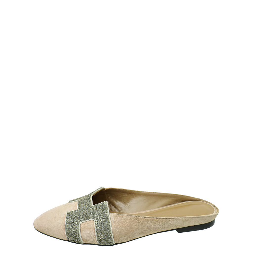 Hermes Rose Grey Suede Roxane Mules w/ Crystal Details 38