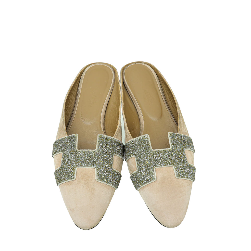 Hermes Rose Grey Suede Roxane Mules w/ Crystal Details 38