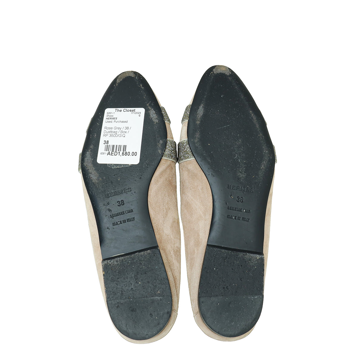 Hermes Rose Grey Suede Roxane Mules w/ Crystal Details 38