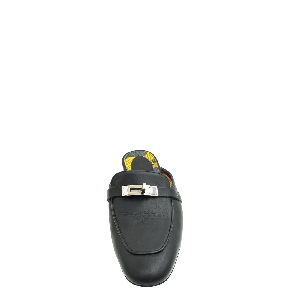 Hermes Noir Oz Mules w/Printed Cotton Insole 38