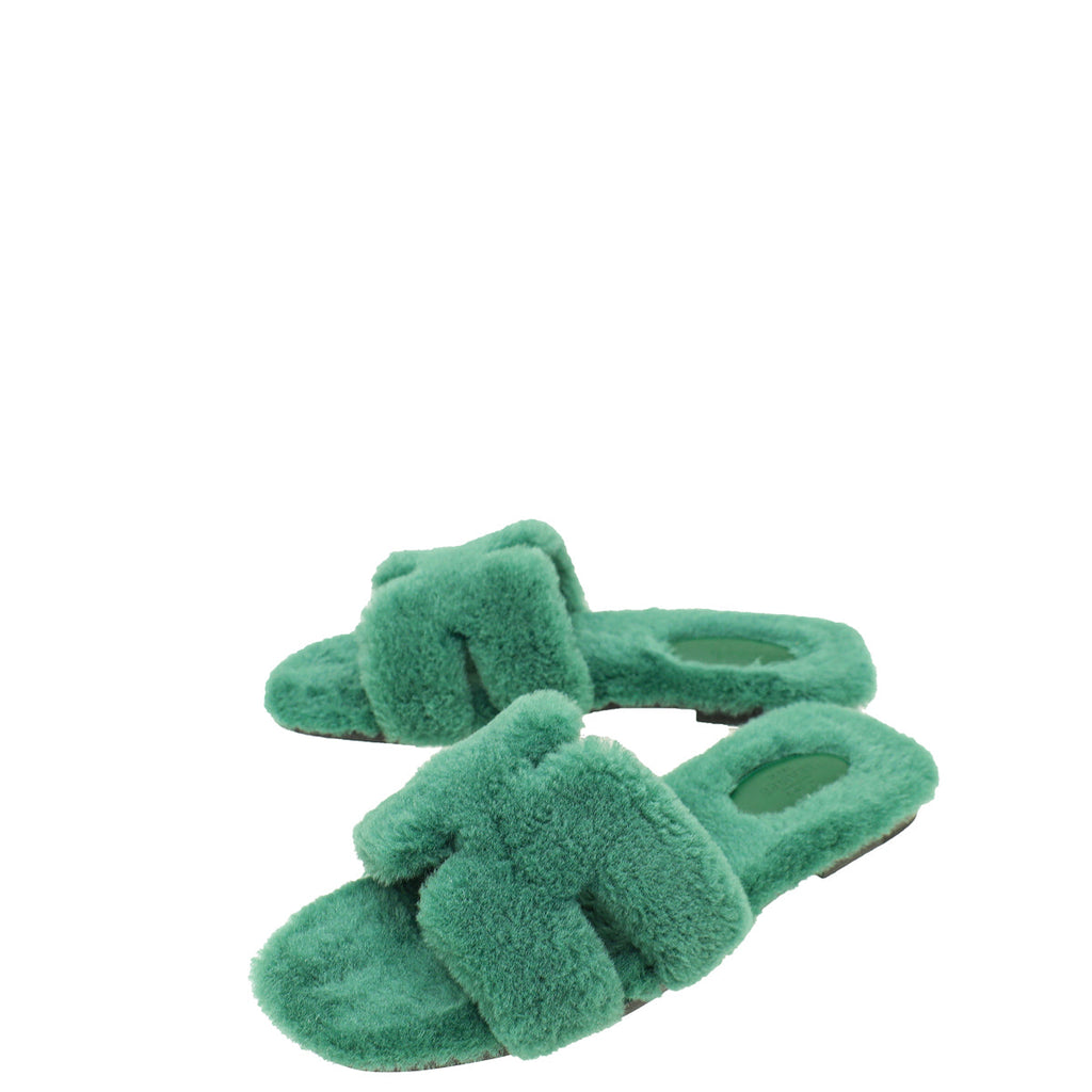 Hermes Vert Anglais Woolskin Shearling Oran Sandal 38
